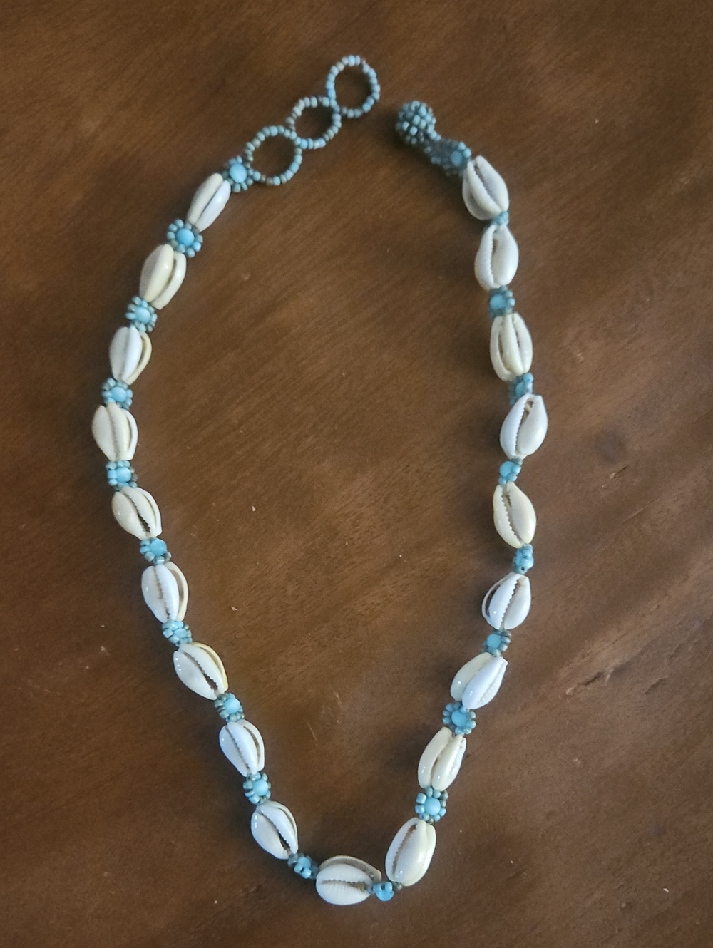 Coastal Boho Cowrie Shell & Blue Beaded Flower Choker Necklace